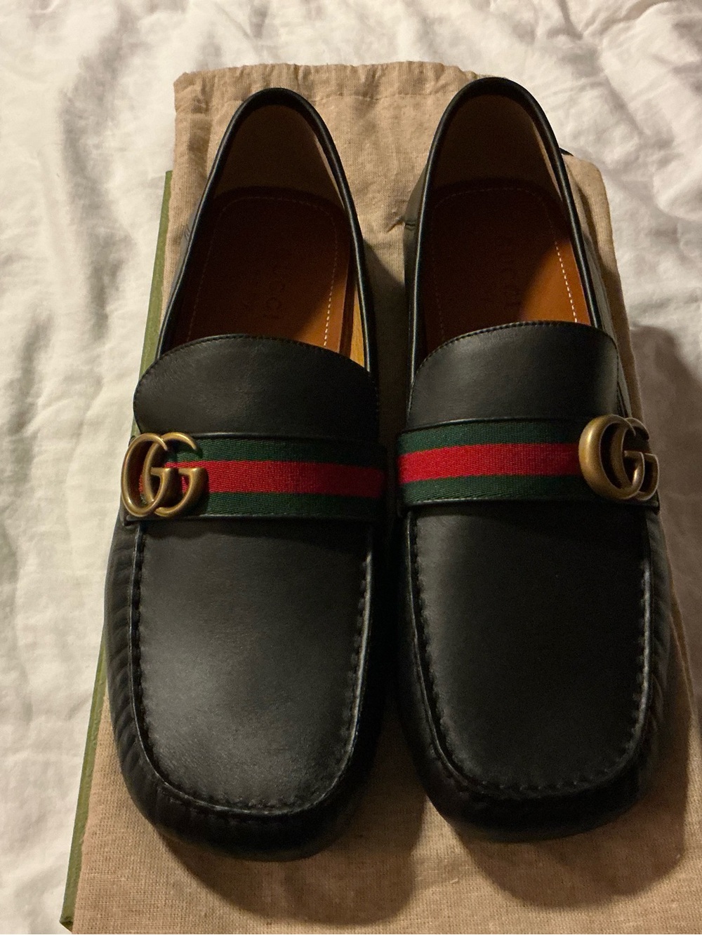 Gucci Black Leather Loafers with Green-Red Web and Gold GG